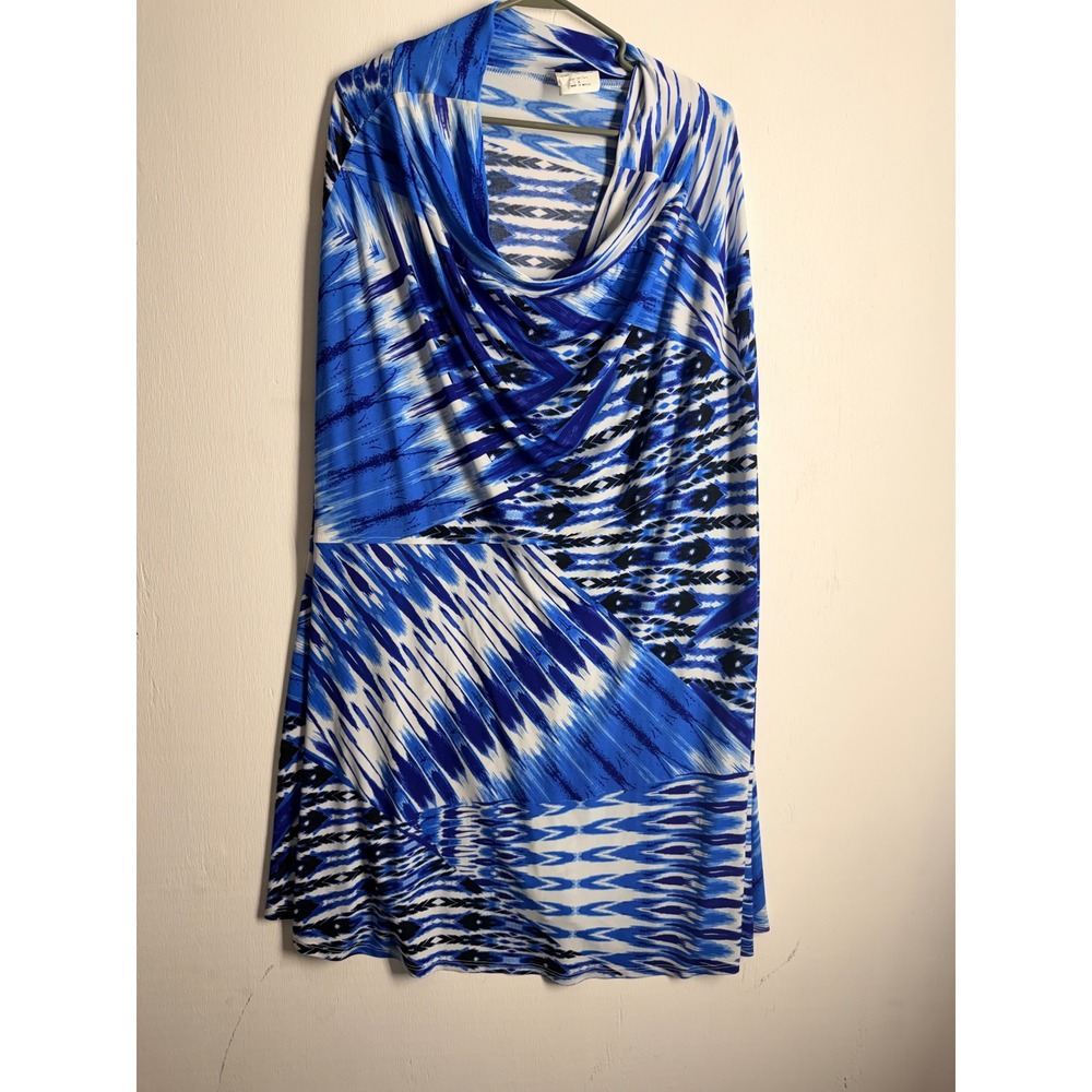New Directions Blue White Ikat Abstract Cowl Neck Sleeveless Dress Large 497249